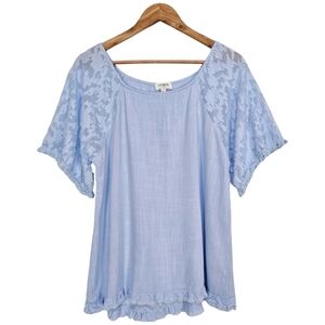 Umgee Linen Blend Boat Neck Flowy Baroque Fringe Top Blue Size Small Boho Cute